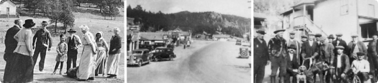 Three black and white photos of people. One group poses outdoors; another on a road; and a third is a crowd in front of a building.