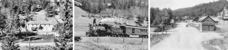 Three black and white photographs of what appears to be a historic town. The first shows a building obscured by trees, the second a train, and the third a road.