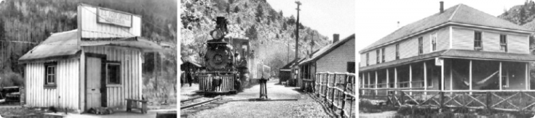 Three black and white photos of buildings, one with a sign, one with a train, and one with a porch.