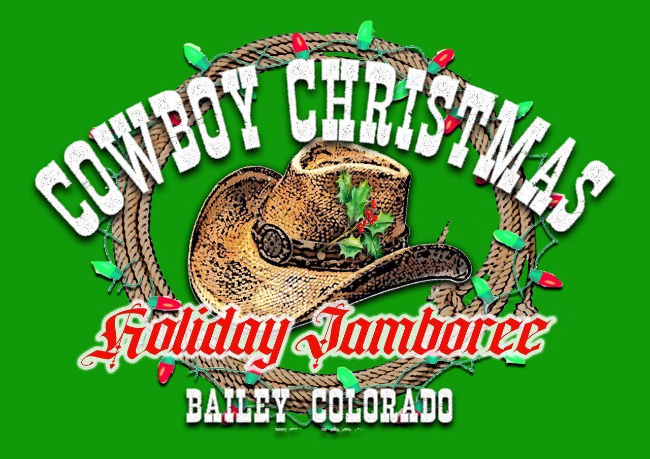 Cowboy Christmas Holiday Jamboree logo: cowboy hat in rope circle, with text on green background.