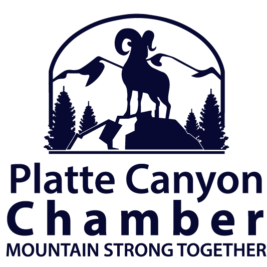Platte Canyon Chamber logo: a ram atop a mountain, with trees and peaks, over text 