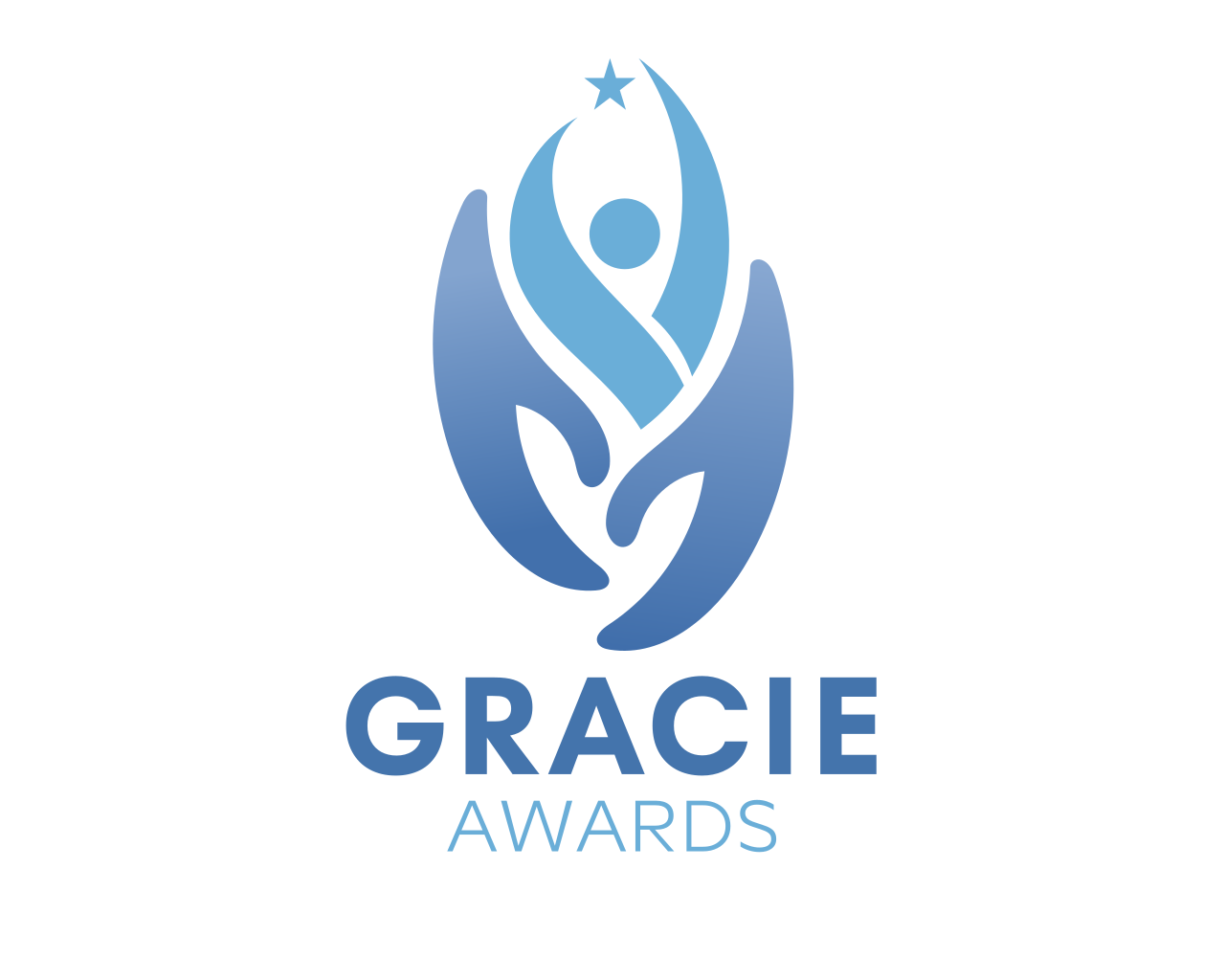 Gracie Awards logo: blue stylized figure with outstretched arms reaching for a star.