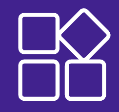 A white icon with three rounded squares and one diamond arranged in a 2x2 grid on a purple background.