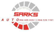 Logo for Sarks Auto featuring a speedometer graphic in red and gray with two phone numbers: 864-609-0202 and 864-520-1161.