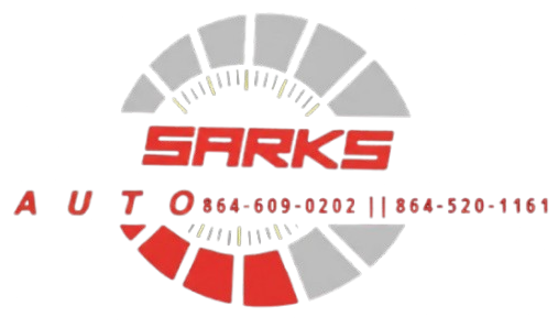 Logo for Sarks Auto featuring a speedometer graphic in red and gray with two phone numbers: 864-609-0202 and 864-520-1161.