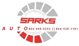 Logo for Sarks Auto featuring a speedometer graphic in red and gray with two phone numbers: 864-609-0202 and 864-520-1161.