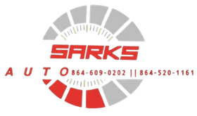 Logo for Sarks Auto featuring a speedometer graphic in red and gray with two phone numbers: 864-609-0202 and 864-520-1161.