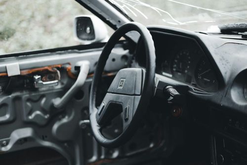 The interior of an abandoned car, showing a bare door panel, a dark steering wheel, and a cracked windshield.