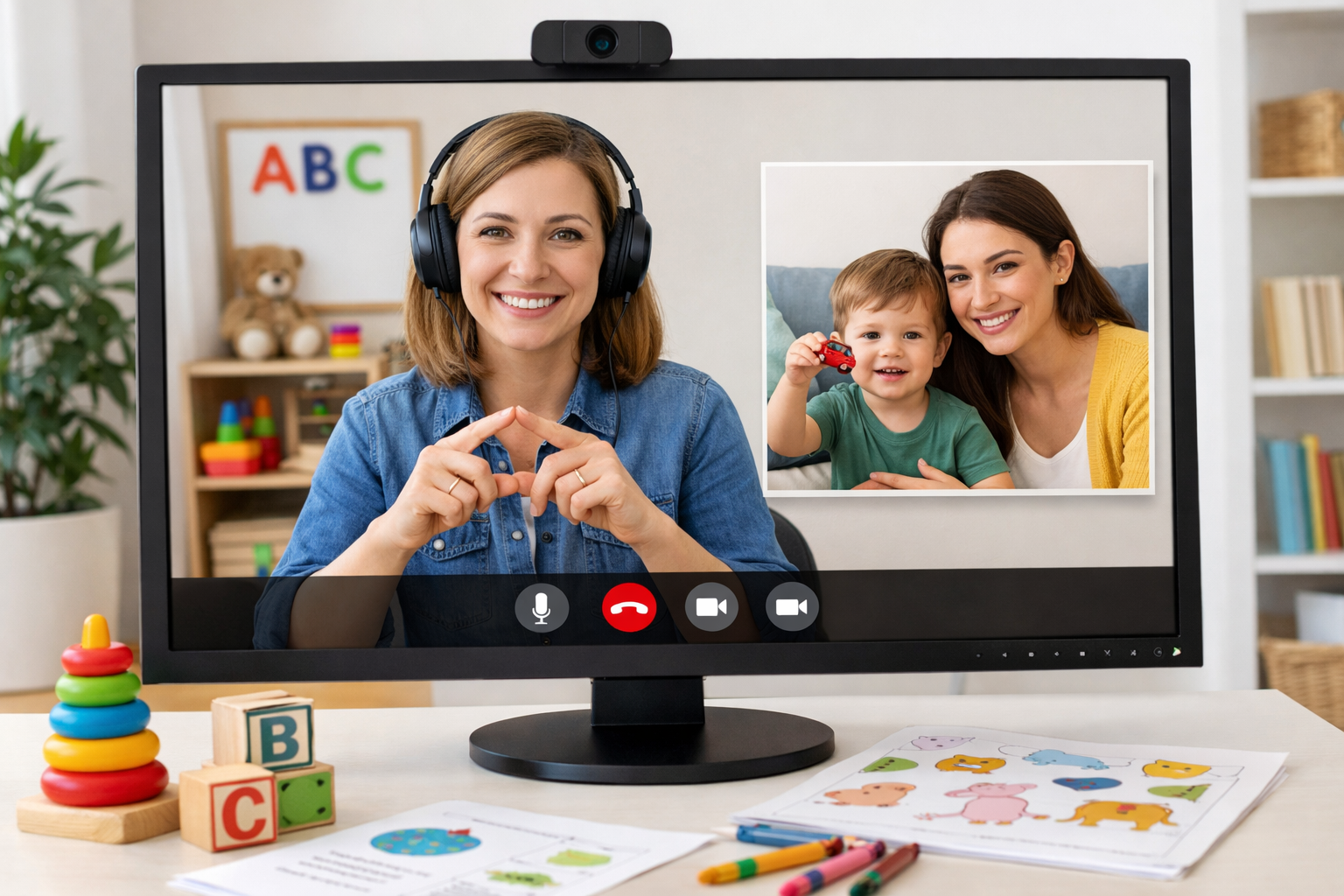 A mother and her child meet virtually with a telehealth provider.