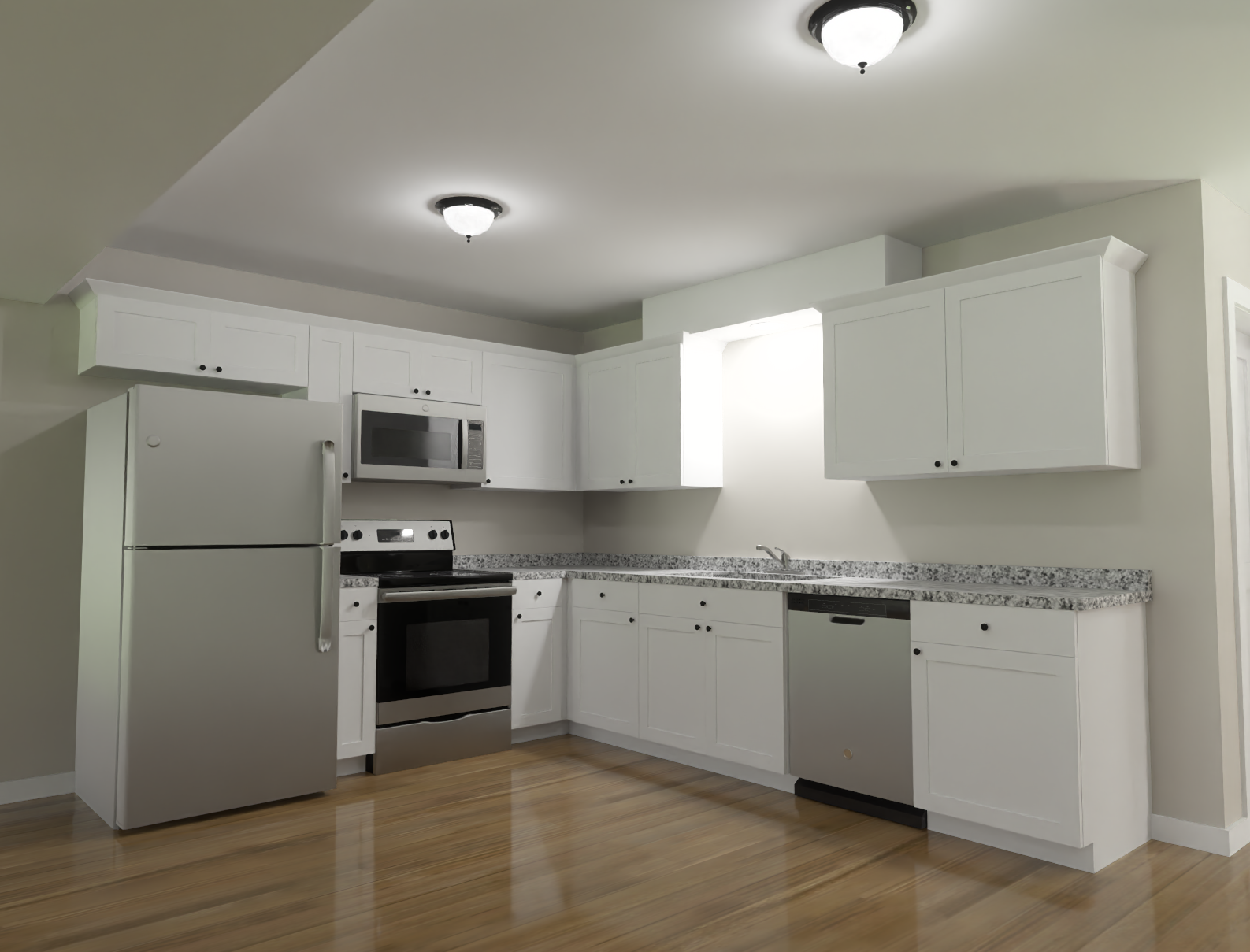Modern white kitchen with stainless steel appliances, upper cabinets, granite counters, and hardwood floor