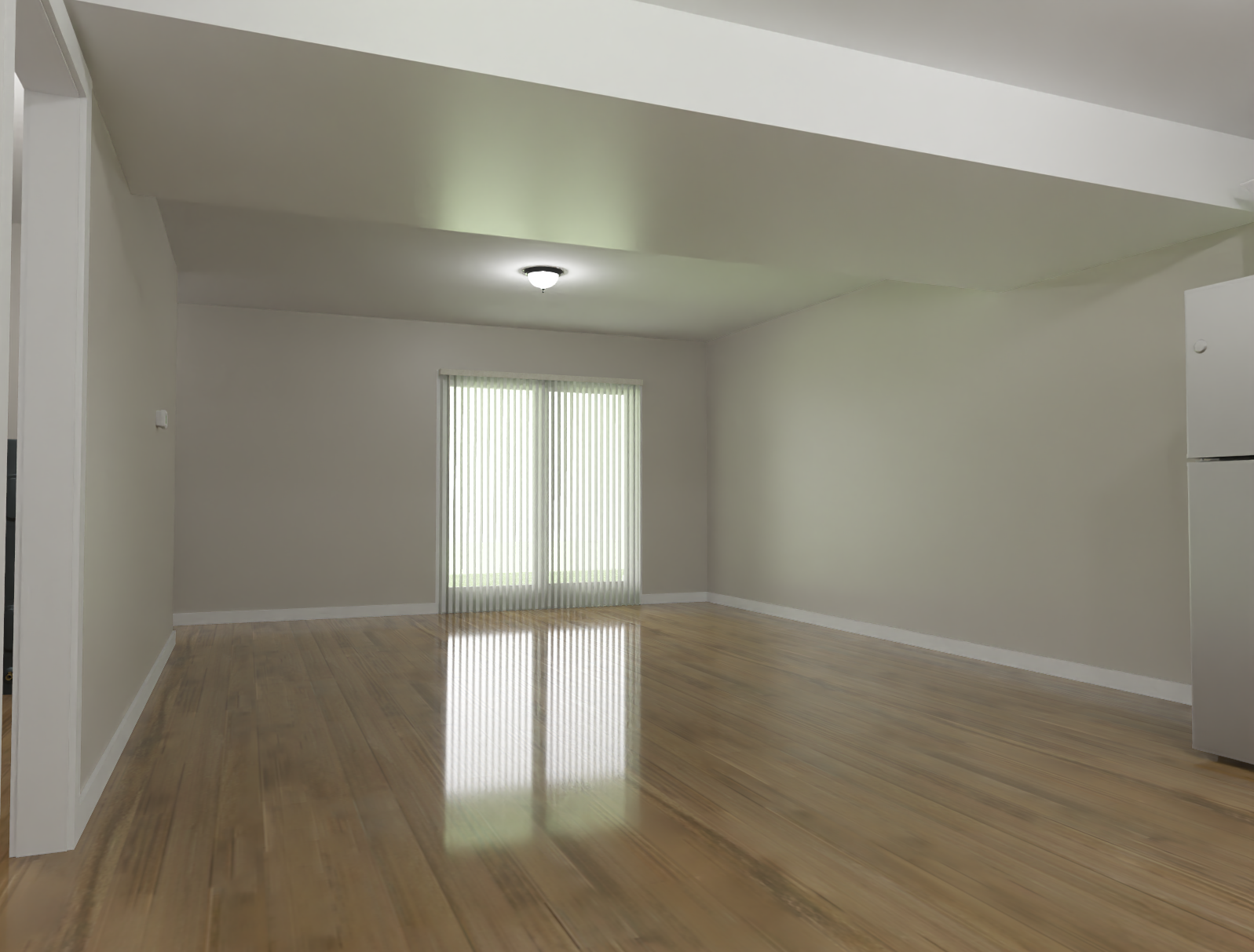 Empty unfurnished living room with hardwood floors, white walls, and a bright window.