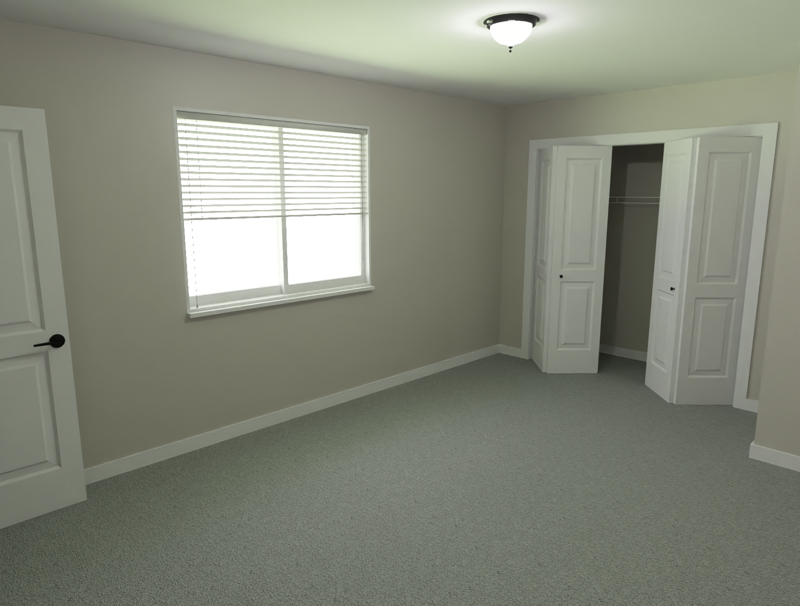 Empty beige bedroom with carpet, window blinds, ceiling light, and open closet doors