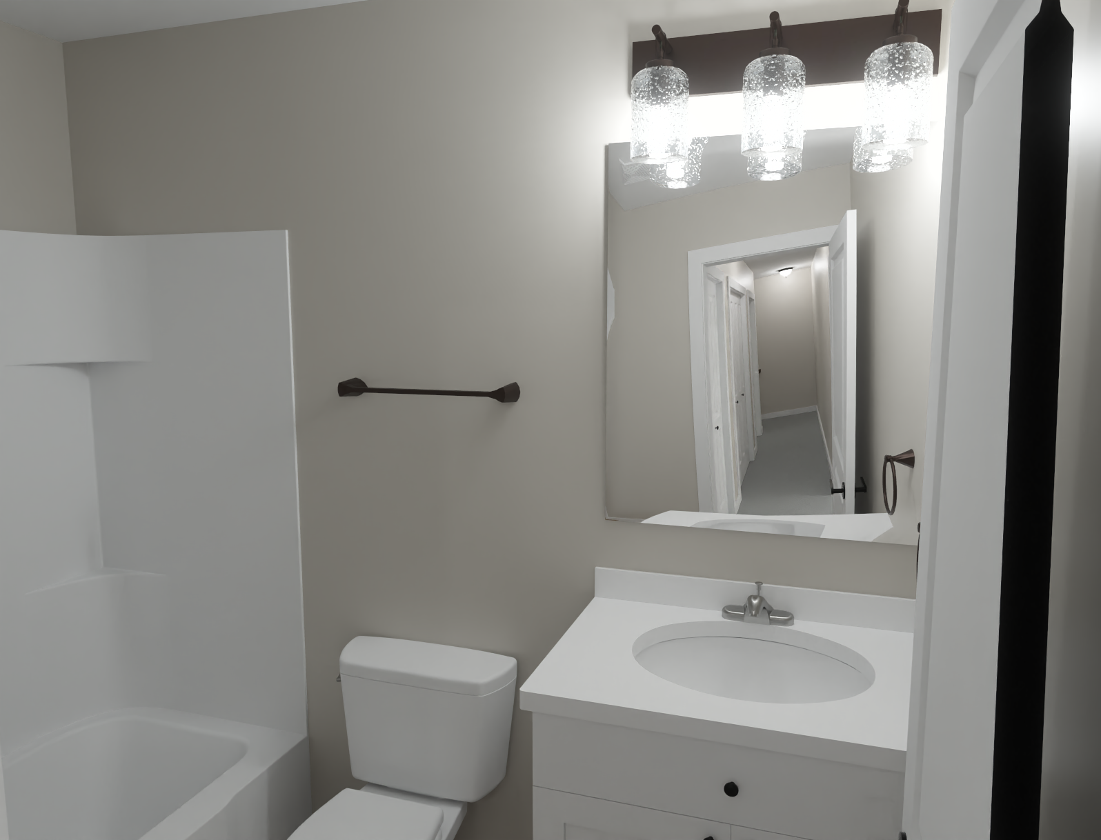 Small bathroom with white vanity, toilet, bathtub, mirror, and modern light fixture.