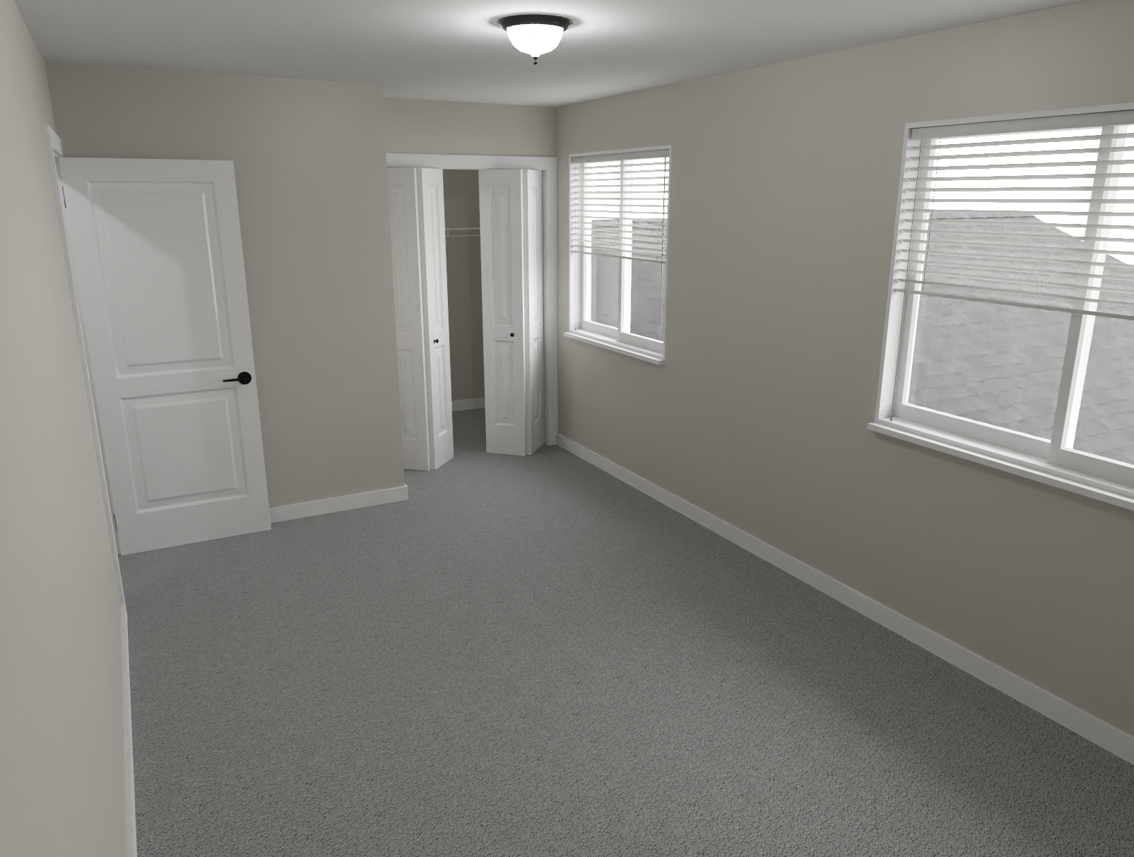 Empty beige bedroom with gray carpet, white door, closet, and windows with blinds