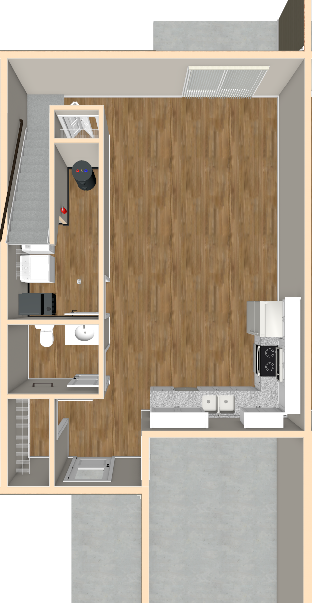 Top-down floor plan of a small apartment with wood flooring, kitchen, bath, closet, and balcony.