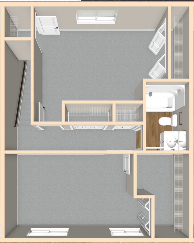 Top-down floor plan of a small apartment with kitchen, bathroom, living area, and bedroom.