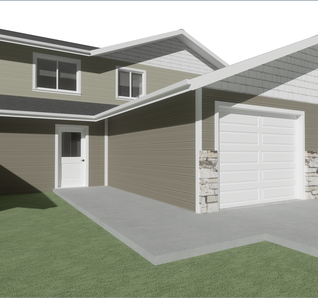 Suburban house exterior with tan siding, white garage door, front entry, and concrete driveway