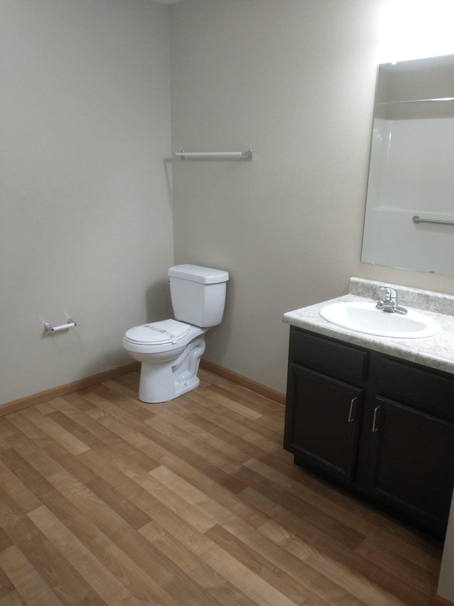 Bathroom with toilet, vanity, and mirror; beige walls, brown cabinets, and wood-look flooring.