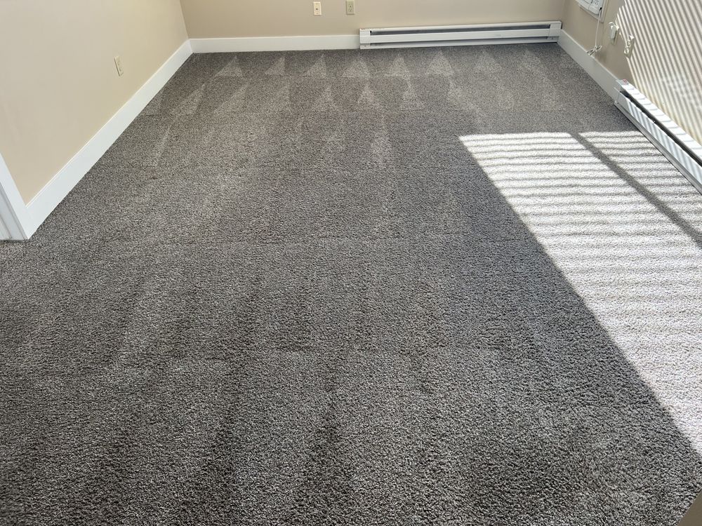 Gray speckled carpet in a room with white trim and a baseboard heater, sunlight streaming in.