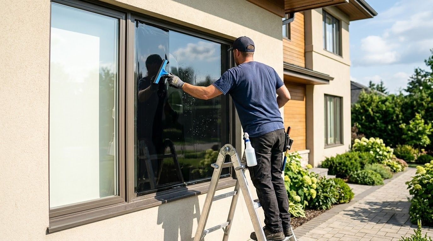 Worker cleaning a large window outside a house using a ladder.