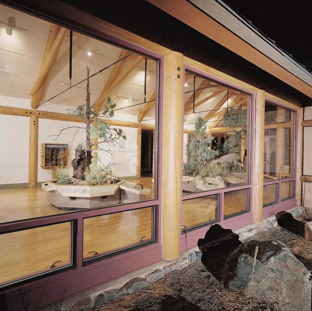 Exterior of a modern building with large windows, warm interior lighting, and rocks in the foreground