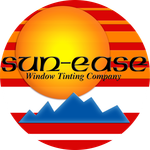 Sun-ease Window Tinting Company logo with orange sun, red stripes, and blue mountains