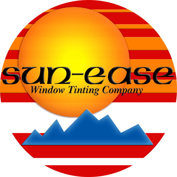 Sun-ease Window Tinting Company logo with orange sun, red stripes, and blue mountain silhouette