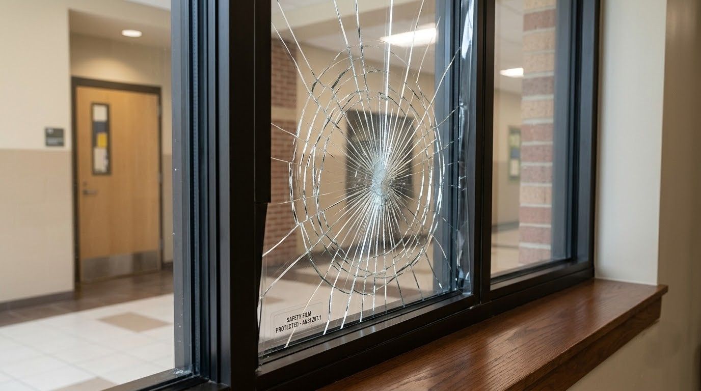 Cracked window in a hallway overlooking a hallway door and corridor