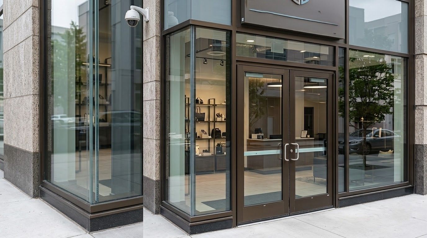 Modern glass storefront entrance with brown trim on a city sidewalk