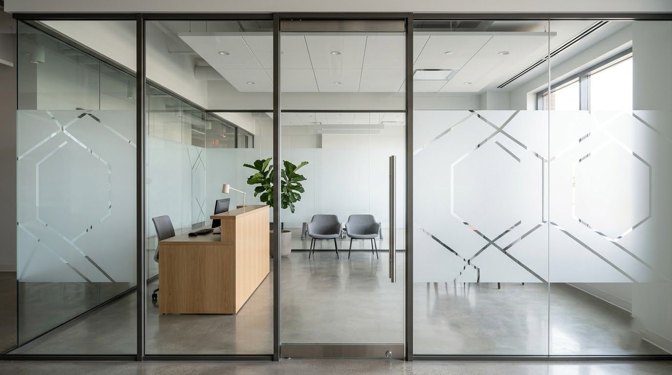 Modern glass office entrance with wooden reception desk, chairs, and potted plant