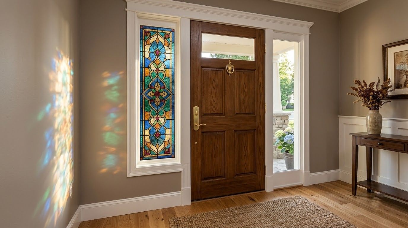 Front entryway with wooden door, stained-glass sidelights, beige walls, and patterned rug