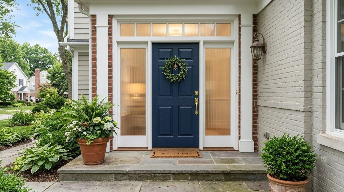 Front porch with navy blue door, wreath, potted plants, and white trim beside brick and stone walls.