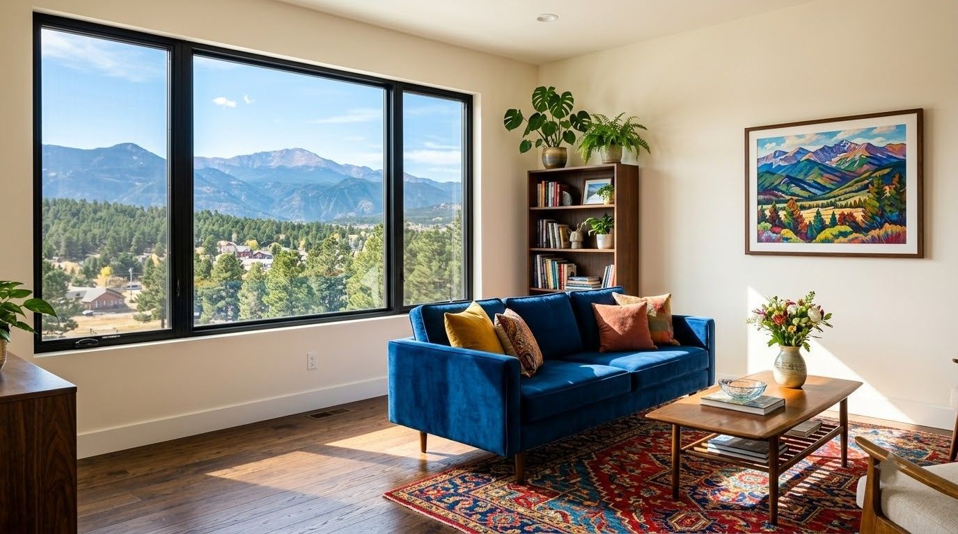 Bright living room with blue sofa, mountain view through large windows, and colorful wall art