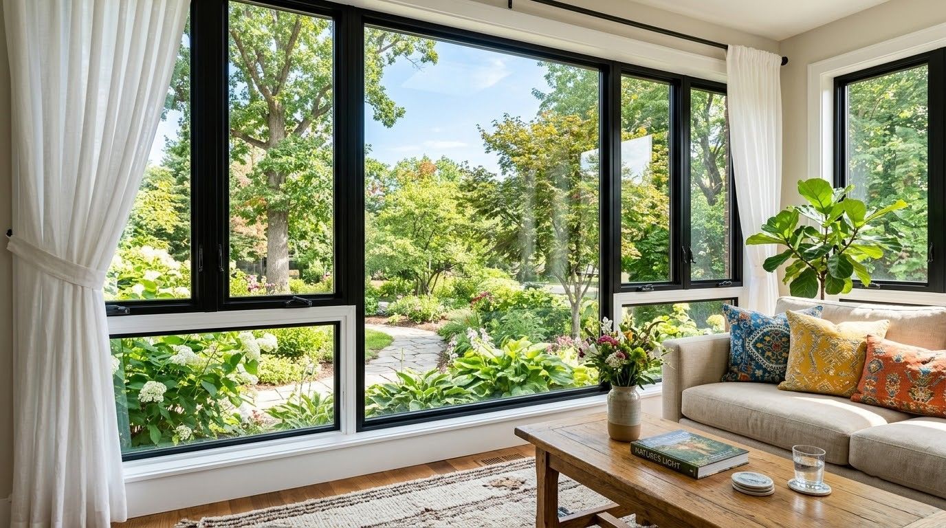 Bright living room with large open windows, white curtains, beige sofa, and lush green garden view