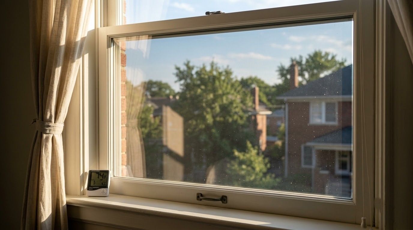 Sunlit bedroom window with sheer curtains, looking out to trees and a brick house.