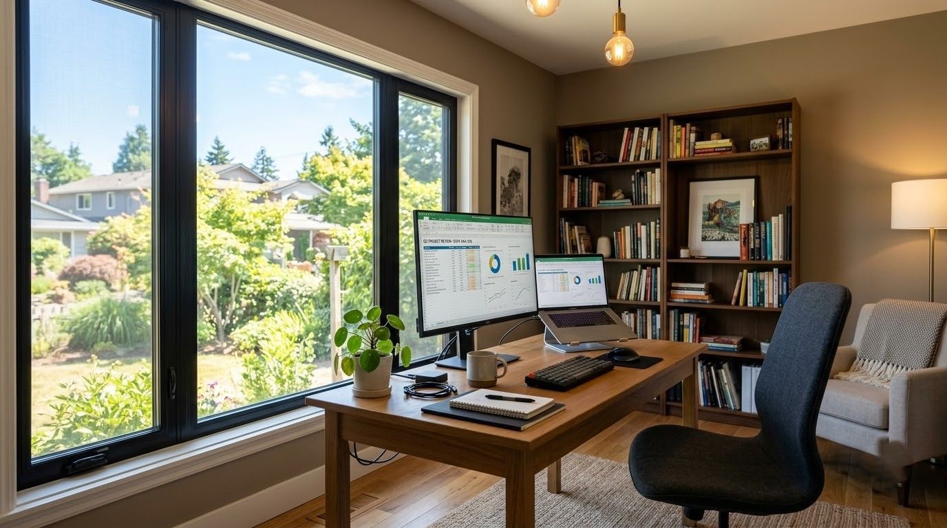 Modern home office with a desk, dual monitors, bookshelves, and large windows overlooking greenery