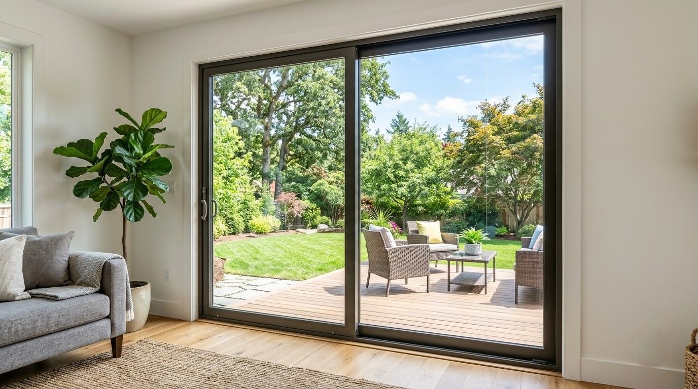 Living room with sliding glass doors opening to a sunny patio and green garden
