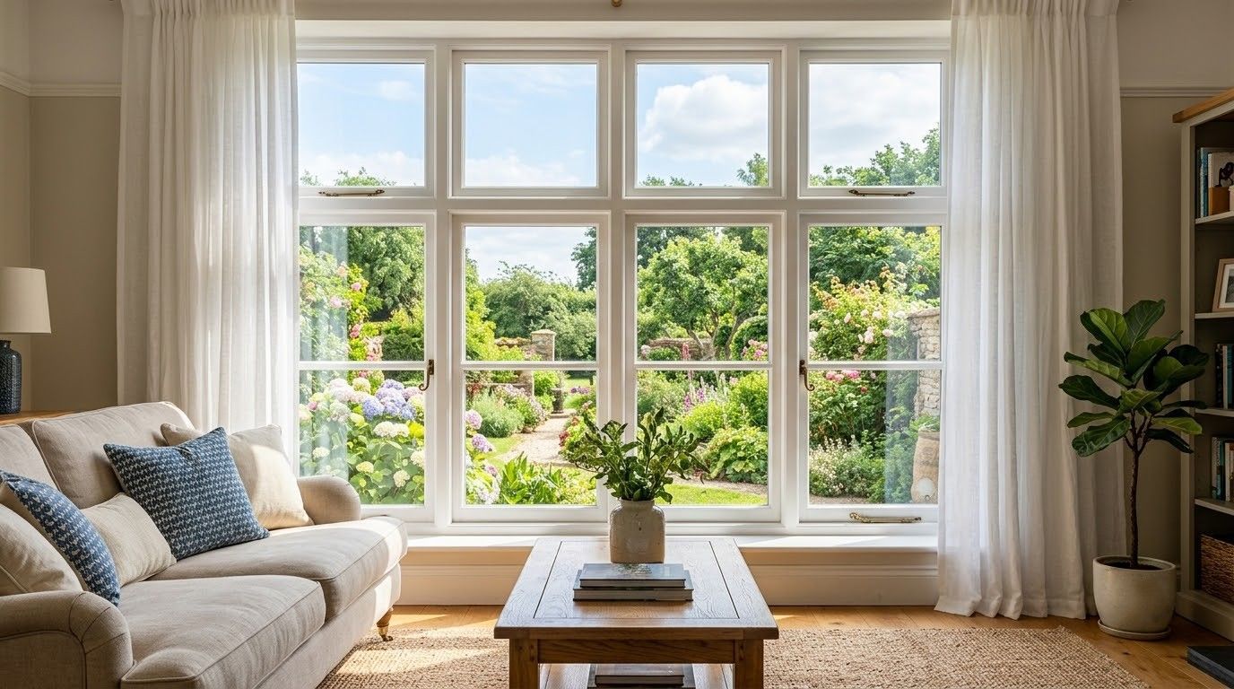 Bright living room with large window, white sofa, coffee table, and garden view