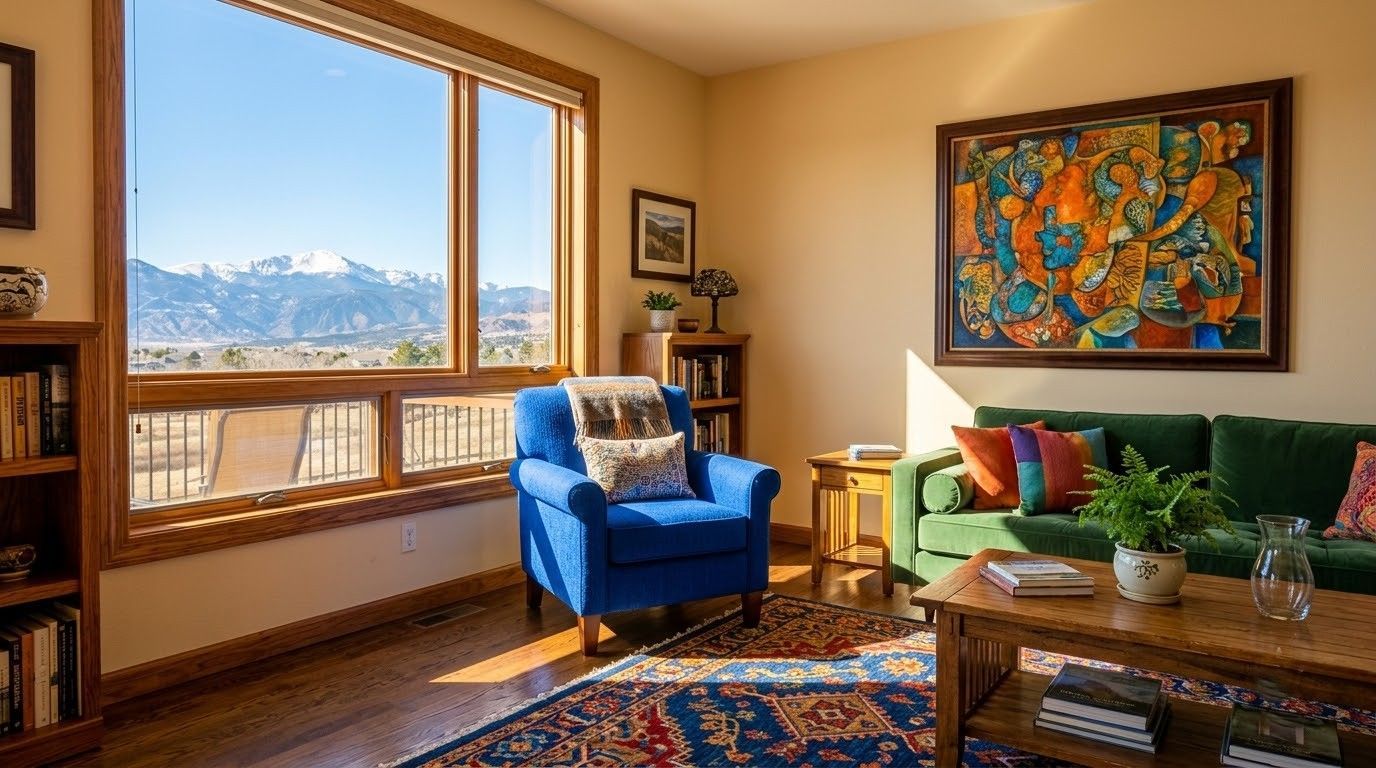 Sunny living room with blue armchair, green sofa, mountain-view window, and colorful wall art.