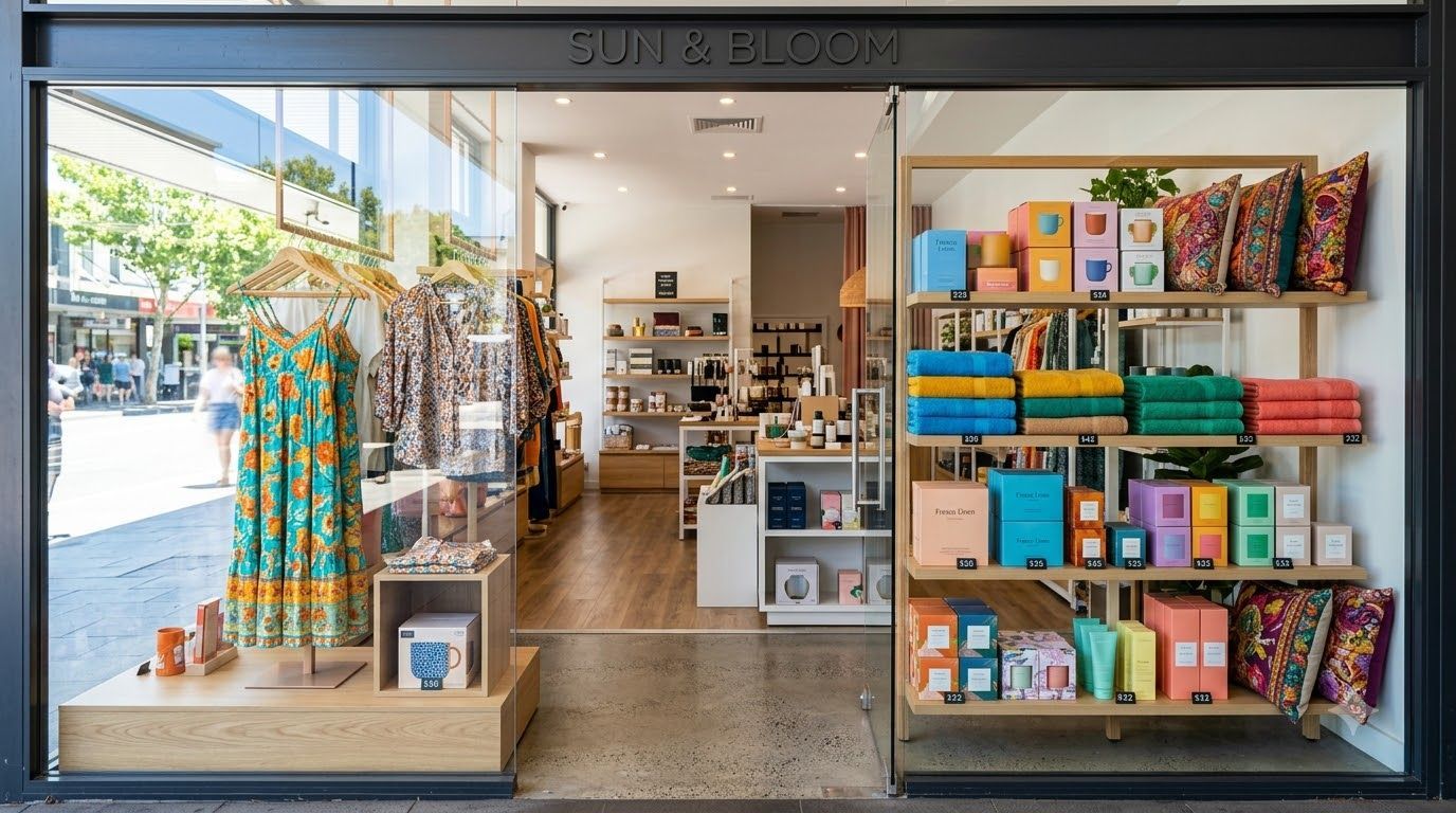 Open storefront with colorful shelves of gifts and home goods inside a bright shop.