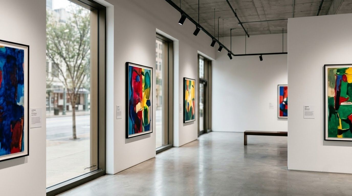 Modern art gallery interior with colorful framed paintings along white walls and large windows