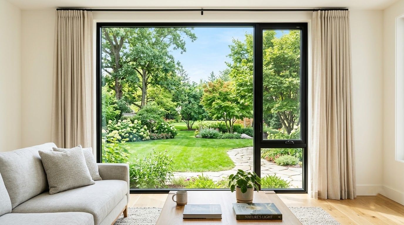 Bright living room with a sofa and coffee table facing a large window overlooking a green garden