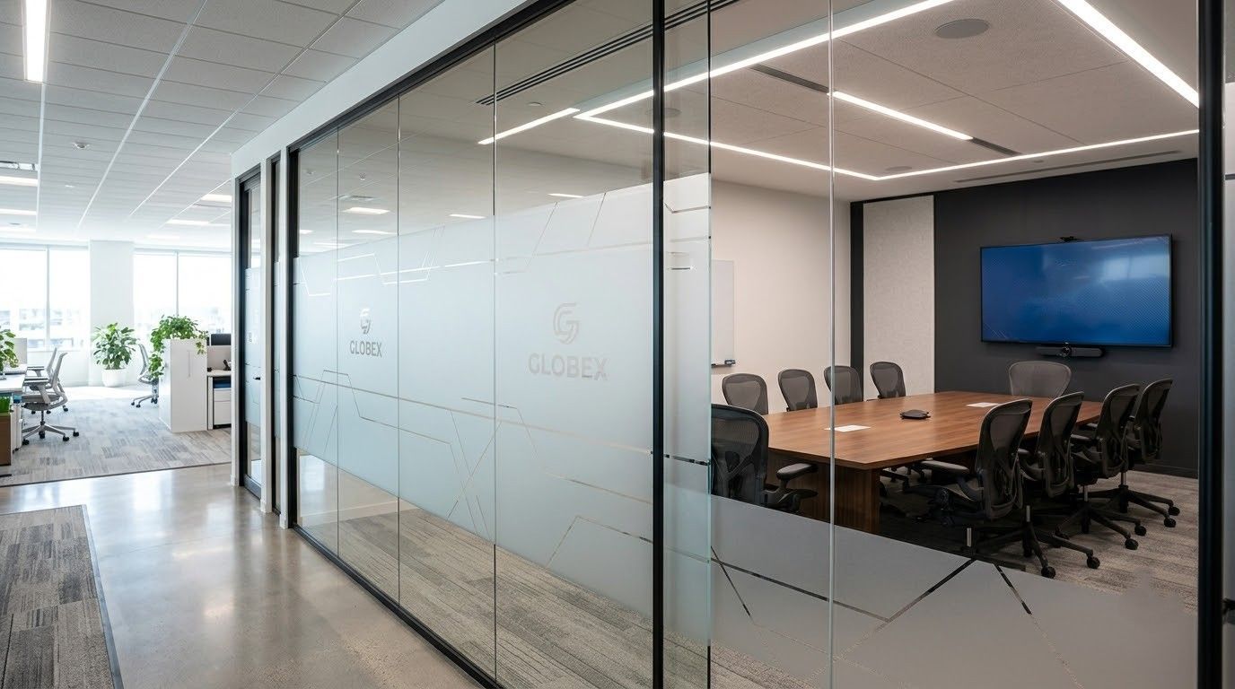 Modern glass-walled conference room with a long table, black chairs, and a wall-mounted screen inside an office hallway.