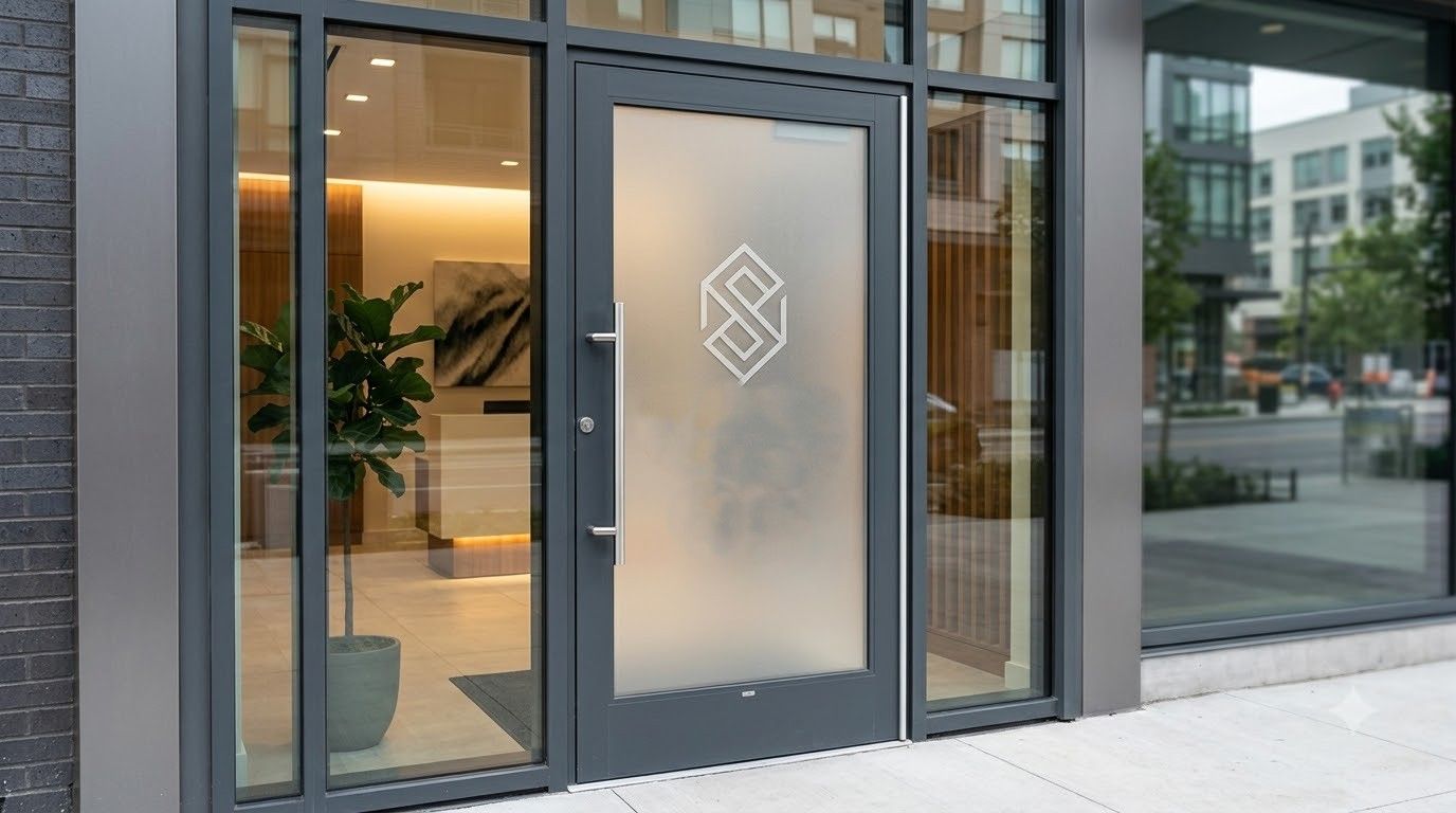 Modern glass storefront entrance with frosted door panel and geometric logo.