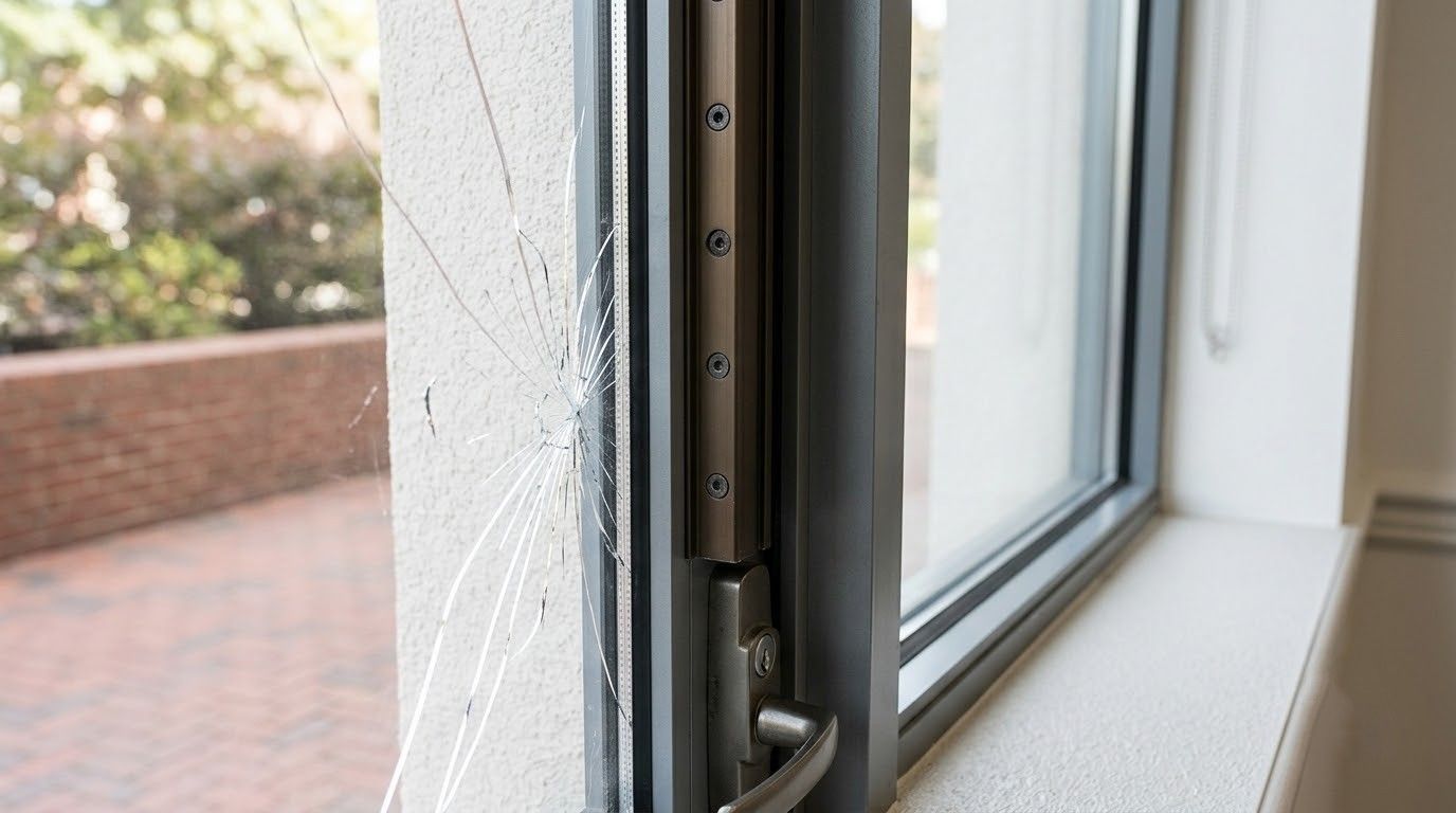 Close-up of a window latch and white frame beside a brick patio outside