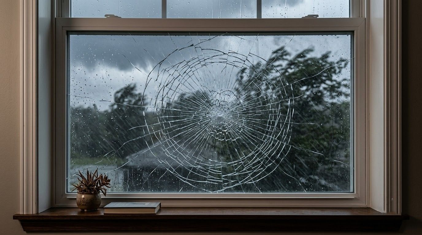 Cracked window with spiderweb damage, gray rainy sky and trees outside, small plant on the sill