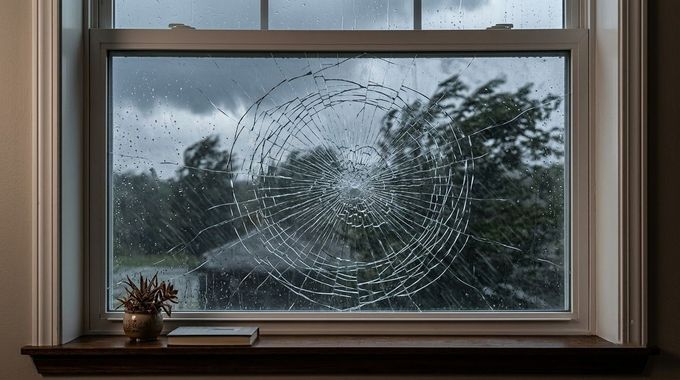 Spiderweb on a rain-speckled window with trees visible outside