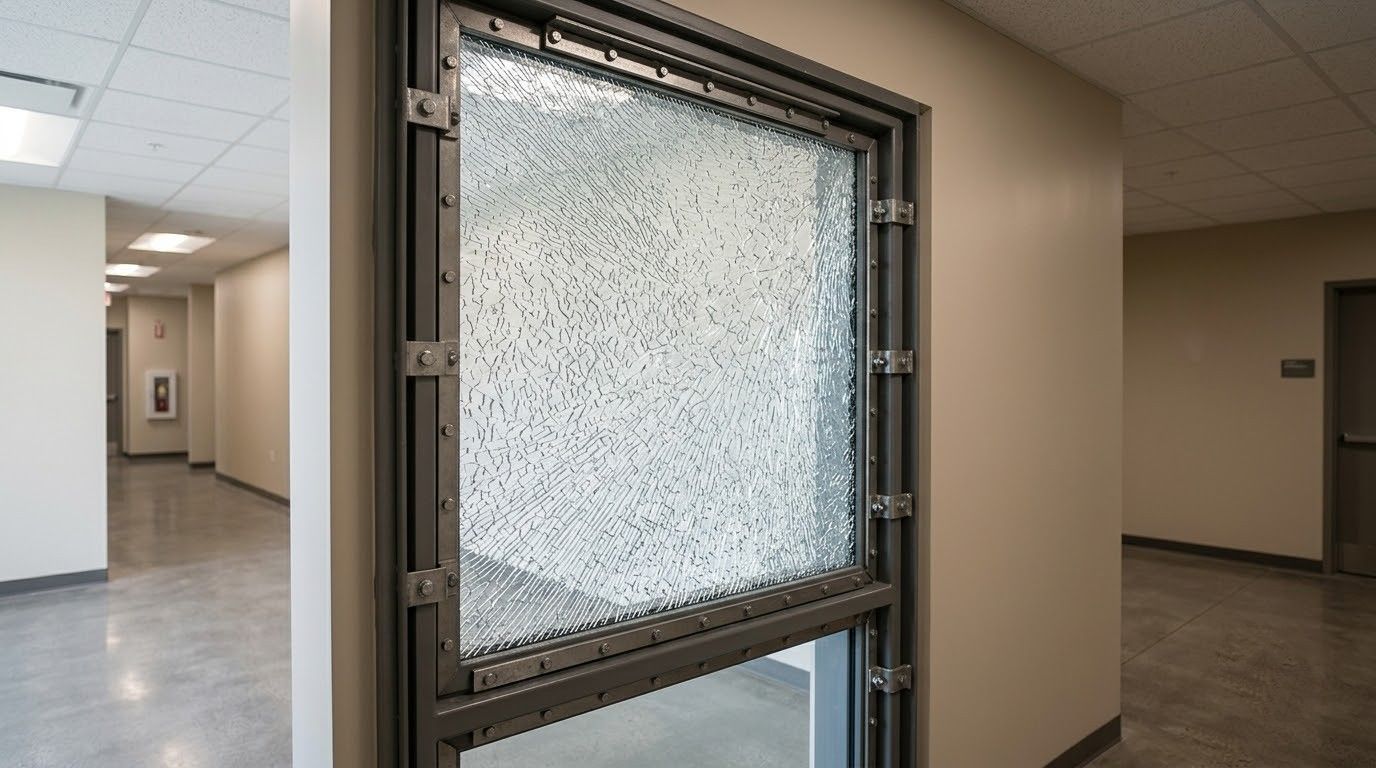 Glass door with shattered frosted pane in a beige office hallway