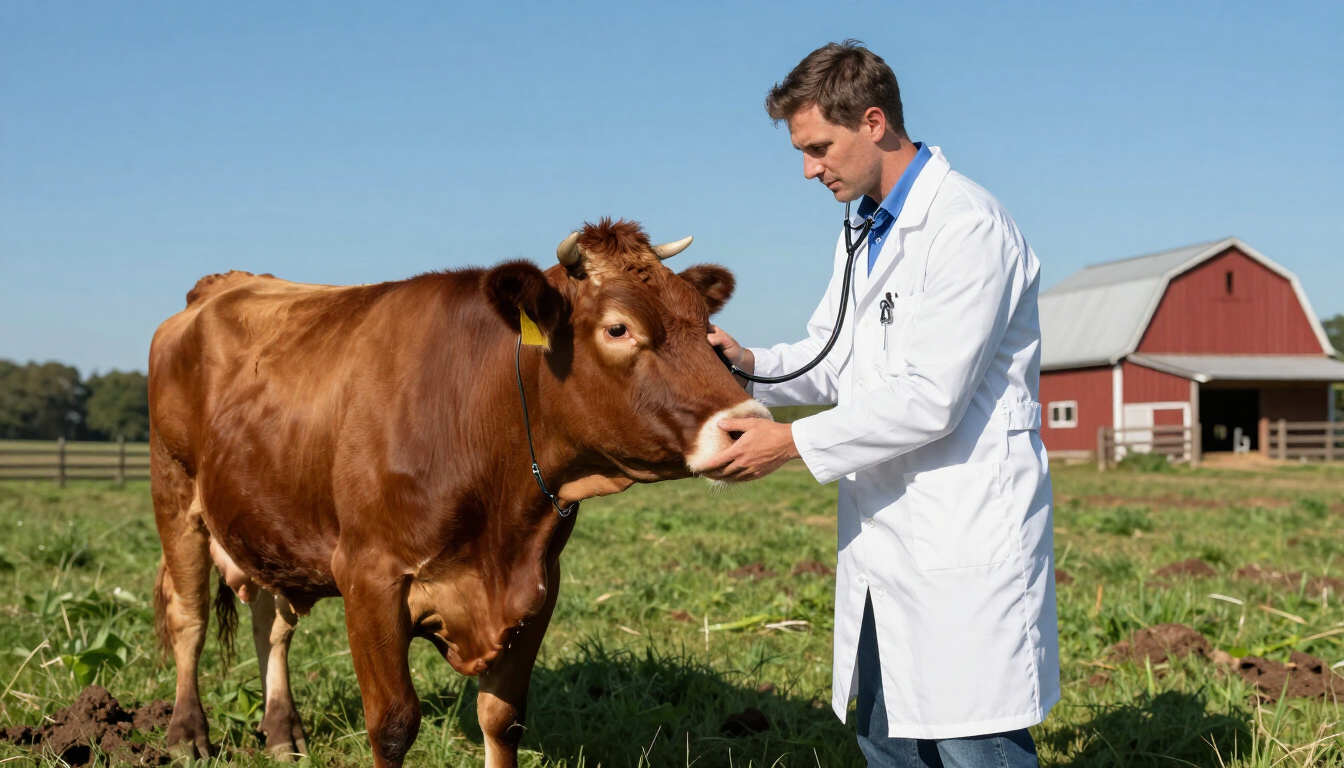 Veterinario con bata blanca examinando una vaca marrón en un campo de hierba cerca de un establo.