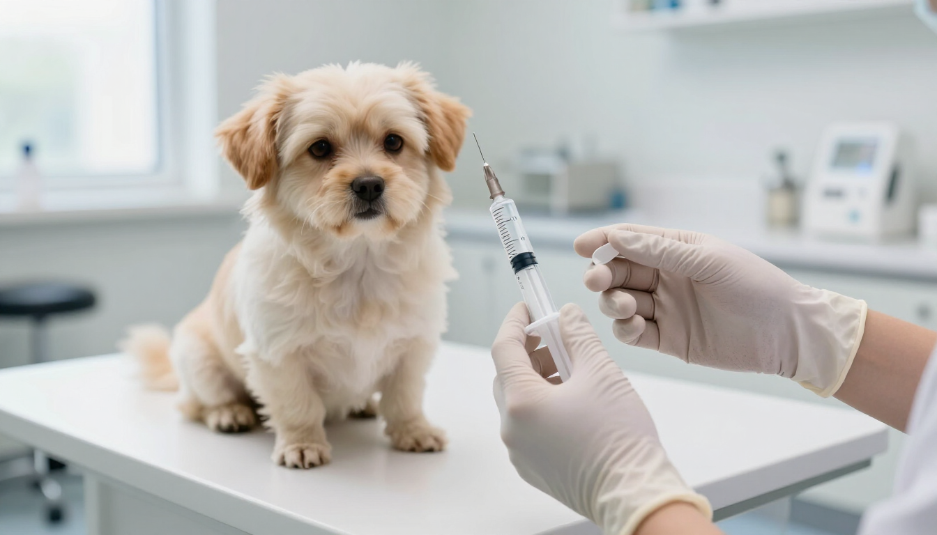 Un cachorro pequeño yace en una mesa de exploración veterinaria